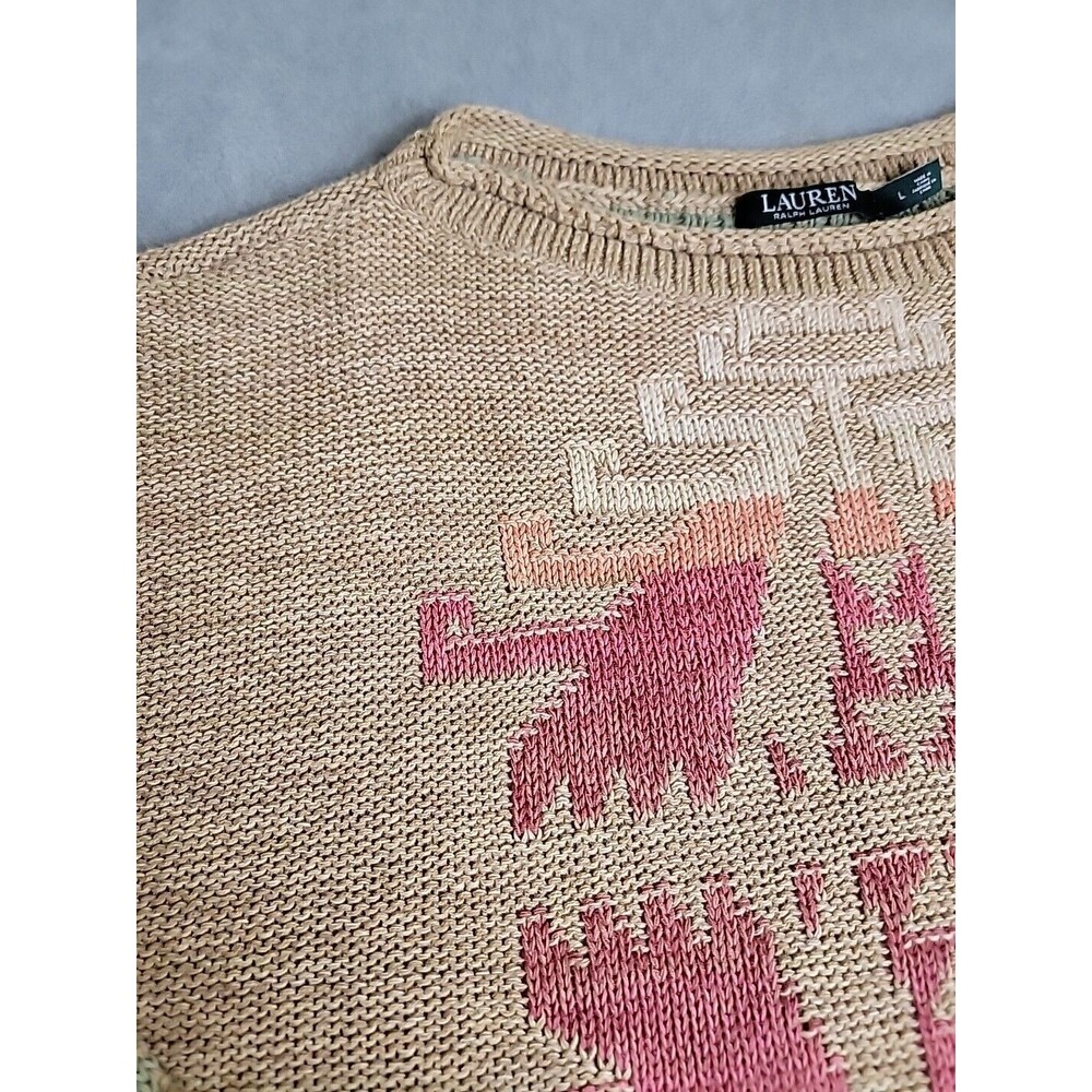 LRL Sweater Womens L Brown Green Pullover Cotton Linen Knit Aztec Preppy Cottage - Picture 4 of 15